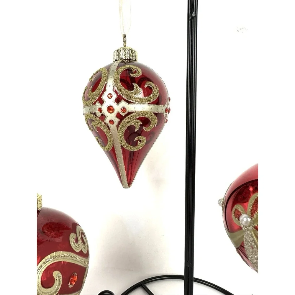 Vintage Christmas Ornaments Blown Glass Red and Gold Glitter Set of Three